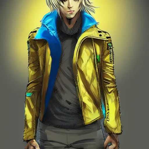 Prompt: elven male, shaggy blonde hair. Wearing modern yellow leather jacket and blue camouflage pants. Modern, concept art, Akikazu Mizuno, anime