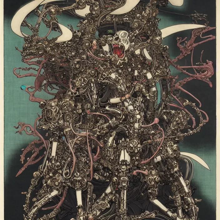 Prompt: still frame from Prometheus by Utagawa Kuniyoshi, lich god Dr doom in ornate bio cybernetic bone armour powered by magic and souls by Wayne Barlowe by peter Mohrbacher by Giger, dressed by Alexander McQueen and by Neri Oxman, metal couture hate couture editorial