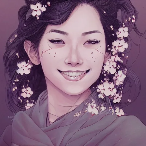 Prompt: ash blossom and joyous spring, heroine, beautiful, playful smile, detailed portrait, intricate complexity, in the style of Artgerm, Kazuki Tanahashi, and Ross Tran, cel-shaded