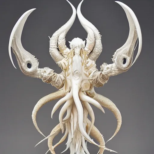 Prompt: symmetrical! angelarium, illithid, cthulhu, white with gold accents, sculpture by ellen jewett