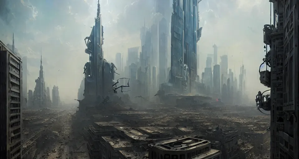 Image similar to hyper realistic sci - fi matte concept art painting of mecha standing on top of a building overlooking war in the streets, beautiful details, strong composition painted by kim jung guweta studio rutkowski, james gurney and greg rutkowski, and lucasfilm, smooth, intricate, detailed, sharp focus, cinematic