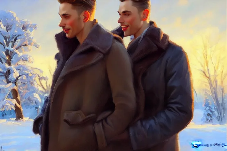 Image similar to attractive man chatting, winter, night, painting by vladimir volegov, j. c. leyendecker, tom of finland, trending on artstation