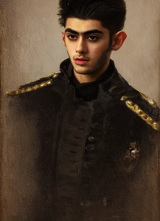 Image similar to head and shoulders portrait painting of young man who looks like zayn malik as an elf by jeremy mann, wearing leather napoleonic military style jacket, only one head single portrait, pointy ears, black background, soft top lighting, dark and moody, shadowed, contrast