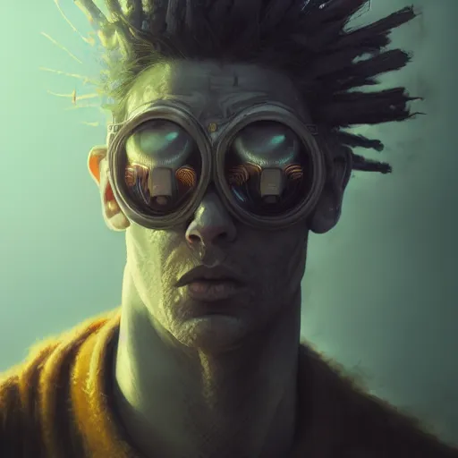 Prompt: apocalyptic cyberpunk man portrait by gaston bussierre and charles vess and james jean and erik jones and rhads, 3 d octane render, beautiful fine face features, intricate high details, sharp, ultradetailed