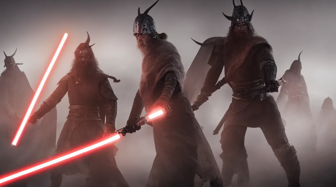 Image similar to Viking and sith wielding lightsabers background Canon, 100mm, octane render, photorealistic, detailed, cinematic, 8k no blur, volumetric lightning