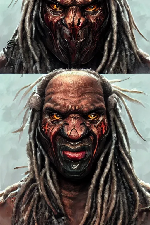 Prompt: predator 1 9 8 7 face redesign, portrait, highly detailed, dreadlocks, mandables, digital painting, trending on artstation, concept art, illustration