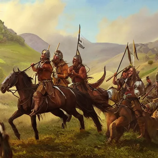 Prompt: a detailed oil painting of charging viking army on horseback over a lush valley + one heavy axe wielding viking warrior leading the brigade