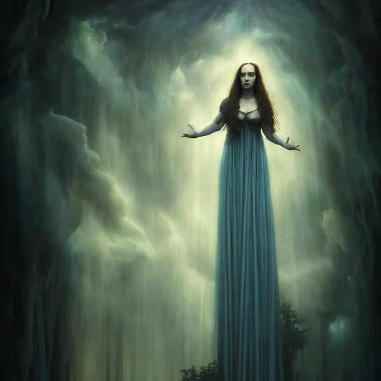 Image similar to renaissance professional digital art of wonderful goddess hight blue atmospheric dramatic lighting, cinematic, painted, intricate, detailed, foreboding, by leesha hannigan, wayne haag, reyna rochin, ignacio fernandez rios, mark ryden, gregory crewdson, epic, stunning, gorgeous, much wow, cinematic, masterpiece.