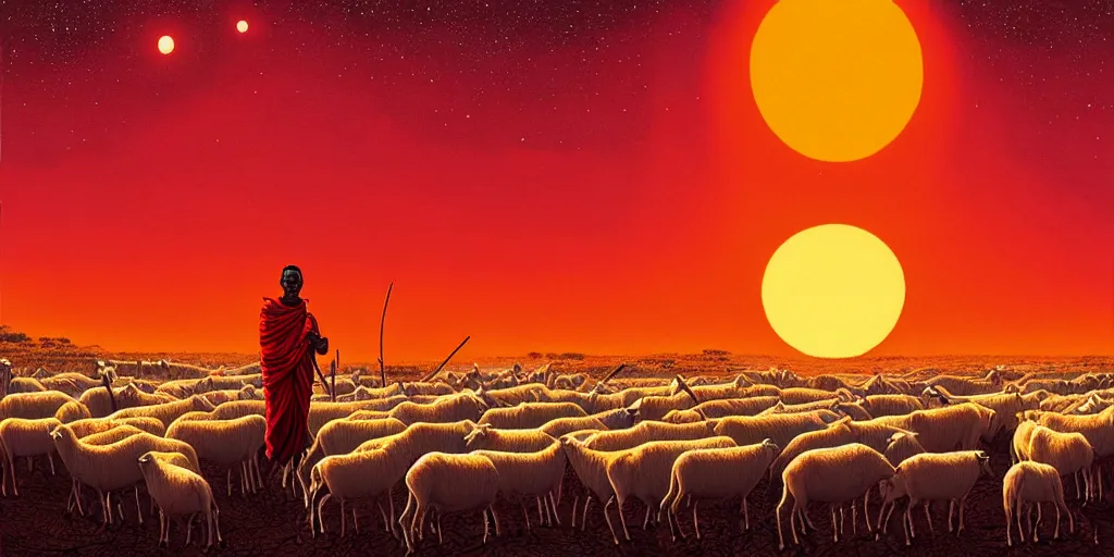 Prompt: an masai warrai guarding a herd of sheep in a large arid plain, surrounded by alien creatures while the orange sun sets. by dan mumford.