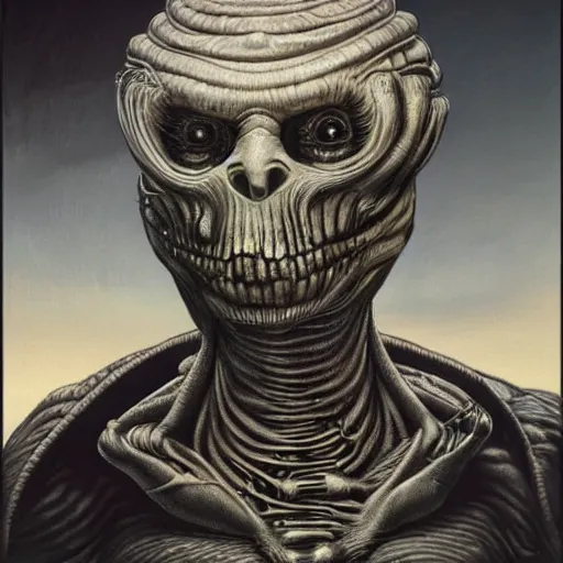 Image similar to Portrait by H.R.Giger of Trump degraded abomination, photo-realistic, 2K, highly detailed