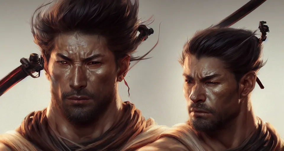 Prompt: face portrait of a handsome and ripped ronin, masculine features, short messy hair, wielding a katana, wearing a haori, by wlop and peter mohrbacher, dramatic action pose, extremely detailed shading, concept art, digital painting, trending on artstation, unreal engine 5, octane render, atmosphere, glow, cinematic lighting, full of color