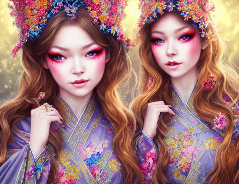 Image similar to two beautiful fashion siberian girls wear fantasy kimono in festival | | big eyes, sunny, dreamlike art, realistic shaded, smile, good looking, hyper details, 4 k realistic, cryengine, realistic shaded lighting poster by artgerm, ross tran, fuji choko, loish, 8 k resolution, trending on artstation, luxury