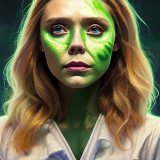 Prompt: portrait painting of elizabeth olsen with green skin and pointy ears wearing sci - fi clothes as a skrull, ultra realistic, concept art, intricate details, eerie, highly detailed, photorealistic, octane render, 8 k, unreal engine. art by artgerm and greg rutkowski and charlie bowater and magali villeneuve and alphonse mucha