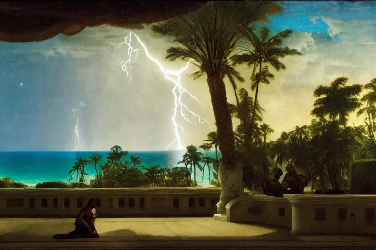 Image similar to From inside of the palace, refracted lightnings on the ocean, thunderstorm, greek pool, beach and Tropical vegetation on the background major arcana sky and occult symbols, by paul delaroche, hyperrealistic 4k uhd, award-winning, very detailed paradise