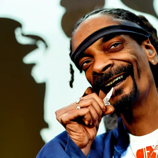 Prompt: Snoop Dog with big eyes eye color red , smiling and holding a joint in his hand