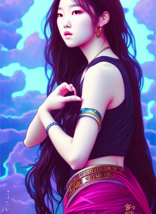 Prompt: roseanne park of blackpink, tarot card, highly detailed, digital painting, smooth, sharp focus, illustration, ultra realistic, 8 k, art by artgerm and alphonse mucha