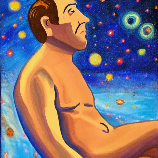 Image similar to painting of a peaceful man relaxing in the cosmos by David Normal, David Normal,