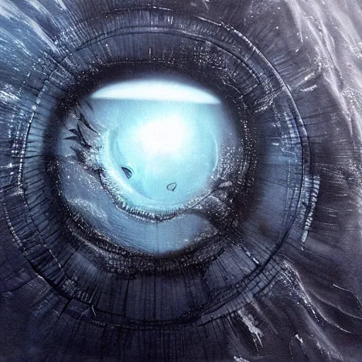 Prompt: Giant eye in the deep ocean abyss, dark, scary, realistic, detailed