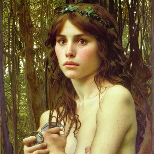 Prompt: a detailed, beautiful portrait oil painting of a girl who looks an 1 8 - year - old actress, with a surprised expression in an ancient forest, by donato giancola, alphonse mucha, and john williams waterhouse