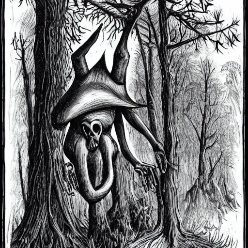 Image similar to disturbing creature with ghoulish face and long appendages, in a forest, black and white, realistic, with creepy fog