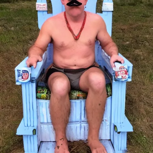 Prompt: a white male beach bum with a mustache drinking a busch beer sitting on a throne on the death star