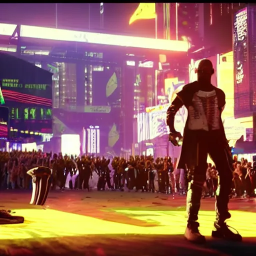 Prompt: 2 1 savage preforming on a stage in front of a crowd in cyberpunk 2 0 7 7, gameplay screenshot, detailed