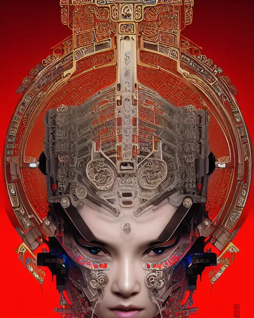 Image similar to portrait of a cyberpunk machine, machine face, upper half portrait, decorated with chinese opera motifs, asian, fine china, wuxia, traditional chinese art, intricate, elegant, highly detailed, symmetry, headpiece, digital painting, artstation concept art smooth sharp focus, illustration, art by artgerm and greg rutkowski alphonse mucha 8 k