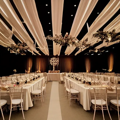 Image similar to large convention centre room decorated for a wedding reception, ceiling swagging, fairy lights, symmetrical lighting design, interior design by Wes Andersson