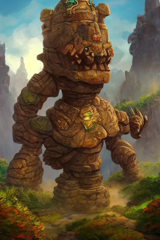 Image similar to zelda fantasy art giant golem troll wood rock greeble gemstone, global illumination ray tracing hdr fanart arstation by sung choi and eric pfeiffer and gabriel garza and casper konefal