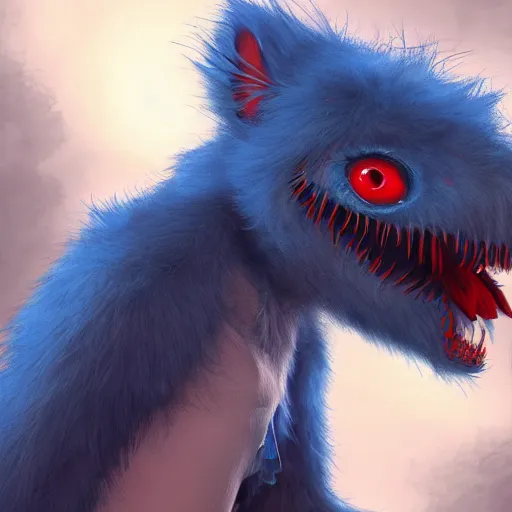 Prompt: a blue furry creature with large red lips, sharp teeth, 4 k photorealistic quality, trending on cgsociety, horror art, eerie art style