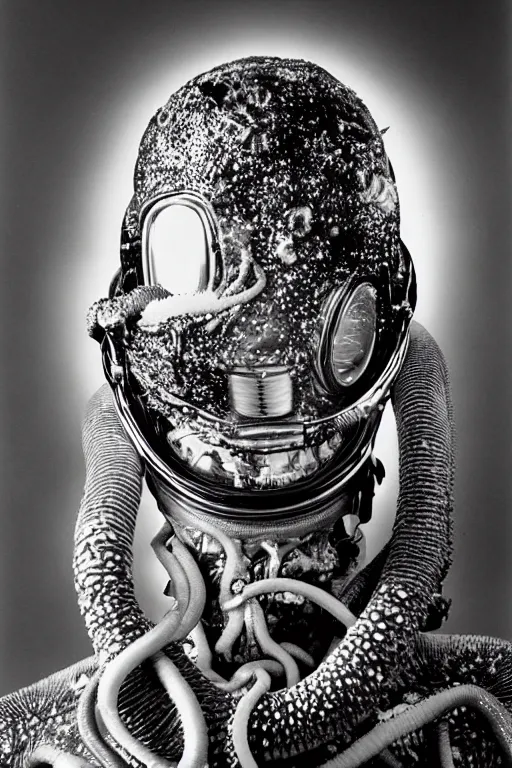 Image similar to extremely detailed studio portrait of space astronaut, alien tentacle protruding from eyes and mouth, slimy tentacle breaking through helmet visor, shattered visor, full body, soft light, disturbing, shocking realization, hyper detailed, award winning photo by herb ritts