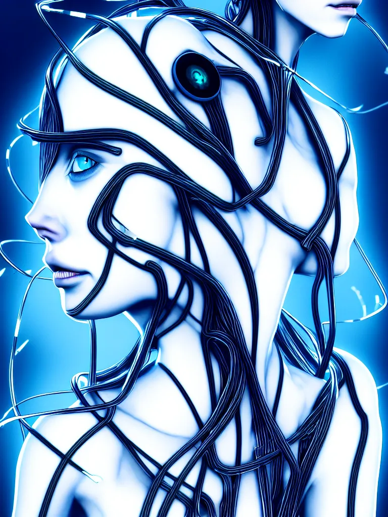 Image similar to x - rays and bioscans, new ai race, inspired by æon flux, hideo kojima, mobius, and botticelli, pre - raphaelite, shoujo manga, ferrofluid, quantum deep magic, uncanny, mesmerizing, wires, veins, ultrafine inklines, 4 k photorealistic, full shot,