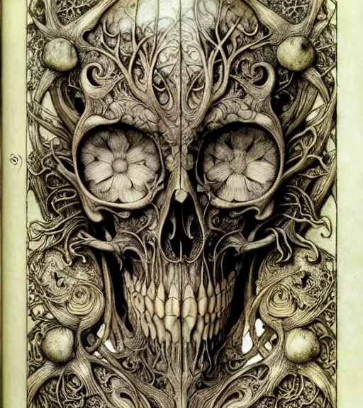 Image similar to memento mori by arthur rackham, art forms of nature by ernst haeckel, exquisitely detailed, art nouveau, gothic, ornately carved beautiful skull dominant, intricately carved antique bone, art nouveau botanicals, ornamental bone carvings, art forms of nature by ernst haeckel, horizontal symmetry, arthur rackham, ernst haeckel, symbolist