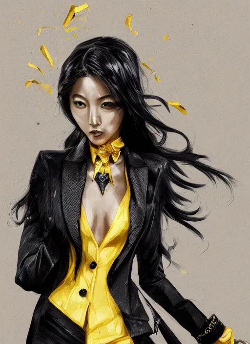 Image similar to a highly detailed illustration of meisa kuroki wearing black suit and tie with coattails, yellow eyes, dramatic elegant pose, strings background, intricate, elegant, highly detailed, centered, digital painting, artstation, concept art, smooth, sharp focus, league of legends concept art, wlop.