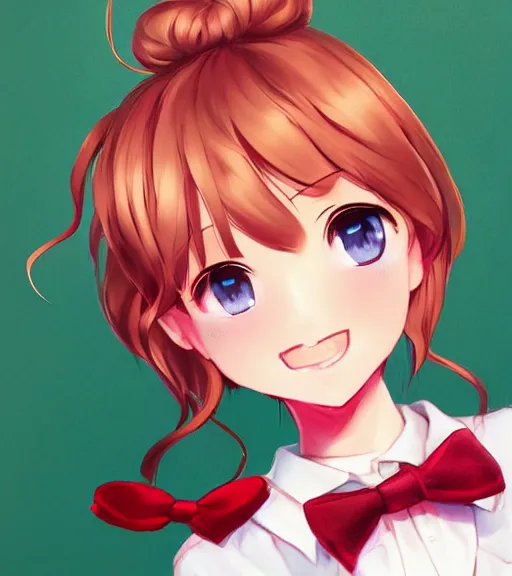 Image similar to portrait of Sayori from Doki Doki Literature Club, detailed facial features, optimistic colors, bright eyes, clear eyes, warm smile, delicate, red bow, school girl, by artgerm