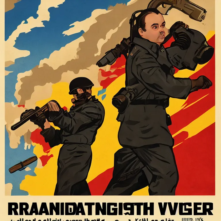 Image similar to propaganda poster rich evans holding a luger, 8 k, trending on artstation