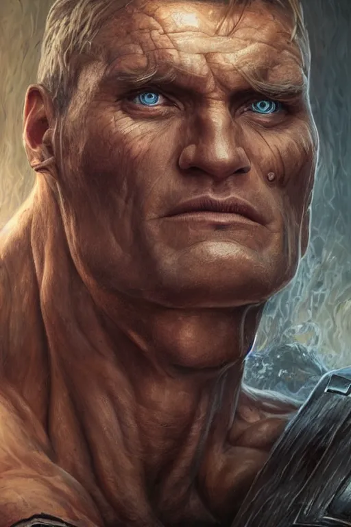 Image similar to closeup portrait shot of dolph lundgren as destruction of the endless, the sandman herculean thanos, conan the barbarian, highly detailed, digital painting, artstation, concept art, soft focus, depth of field, artgerm, tomasz alen kopera, peter mohrbacher, donato giancola, wlop, boris vallejo