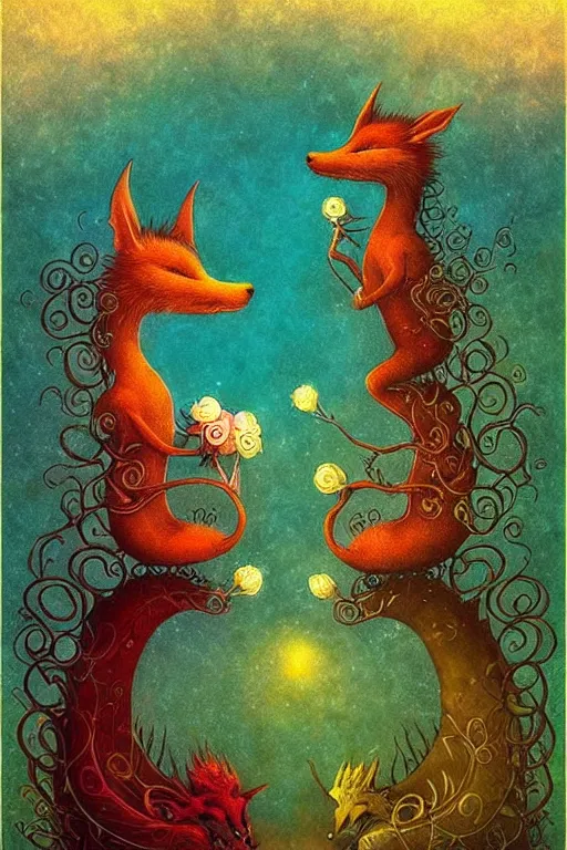 Image similar to surreal hybrid dragons and foxes, nostalgia for a fairytale, magic realism, flowerpunk, mysterious, vivid colors, by andy kehoe, amanda clarke