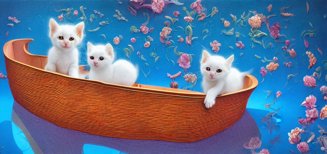 Prompt: a kitten in a boat, translucent and hyperrealistic and ultra - detailed in the style of roger dean, jin kagetsu, james jean, chris cunninham, hans bellmer and wlop, bloom, glow, reflection, refraction, matte, glossy, smooth, emissive material