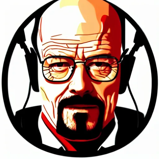 Prompt: a breaking-bad-walter-white, svg sticker, vector art, wearing headphones, jamming to music