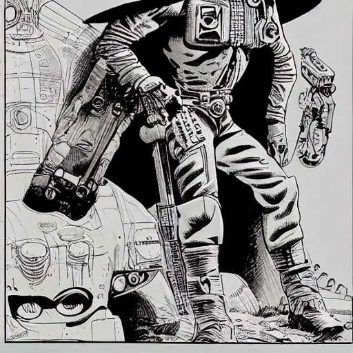 Image similar to cyborg cowboy, highly detailed, ron cobb, moebius, mike mignola