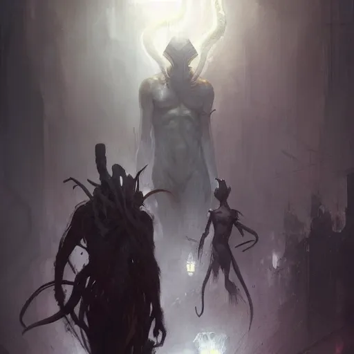 Image similar to nyarlathotep, dramatic lighting, painted by raymond swanland, painted by greg rutkowski, painted by jeremy mann, painted by artgerm, painted by igor kieryluk, trending on artstation