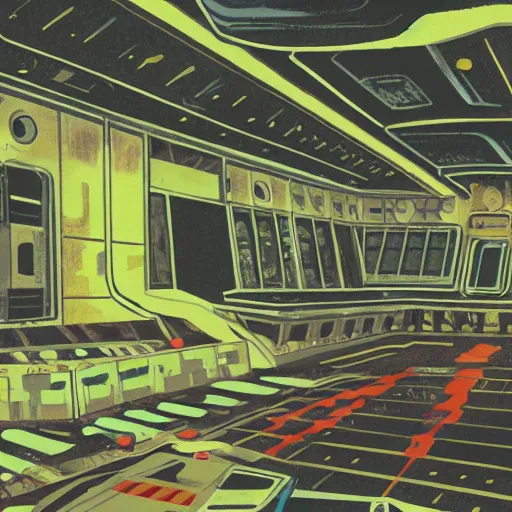 Image similar to inside an abandoned space station Ridley Scott style gouache