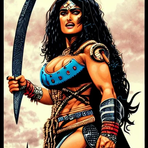 Image similar to illustration of Salma Hayek as a barbarian warrior intricate details by MARVEL comics and Sandra Chevrier , elegant, highly detailed , centered