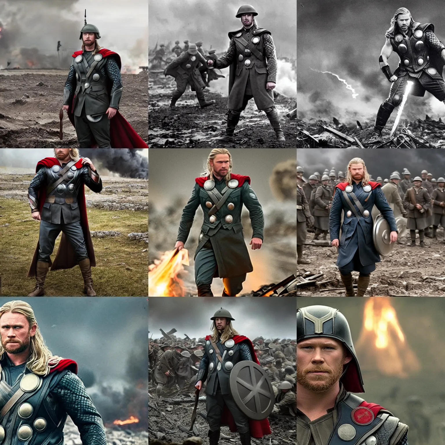 Prompt: Thor behind enemy lines in World War 1, MCU photograph