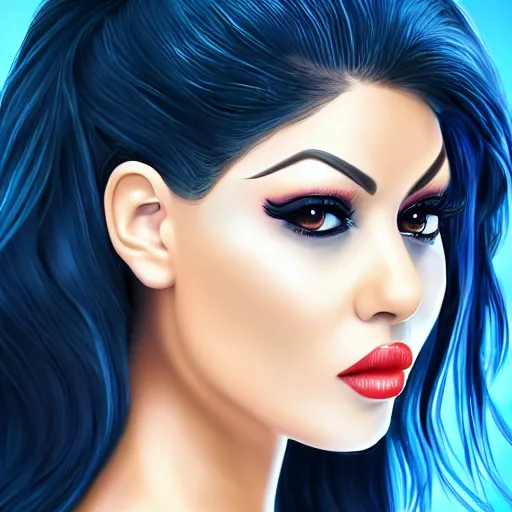 Prompt: portait of haifa wehbe, perfect lips, licking tongue, long hair centred, hd, very detailed curve, digital painting, unreal engine, amazing blue background theme