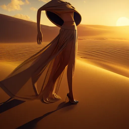 Image similar to innovative avant-garde art, deco fashion, asian women, highly detailed, photorealistic portrait, serene desert setting, golden hour, crisp quality and light reflections, unreal engine 5 quality render