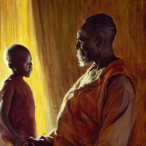 Image similar to a painting of a jovial, loving, daddy/fatherly, generous, kind wise elder and his on from Kenya by Henry Ossawa Tanner . dramatic angle, ethereal lights, details, smooth, sharp focus, illustration, realistic, cinematic, artstation, award winning, rgb , unreal engine, octane render, cinematic light, macro, depth of field, blur, red light and clouds from the back, highly detailed epic cinematic concept art CG render made in Maya, Blender and Photoshop, octane render, excellent composition, dynamic dramatic cinematic lighting, aesthetic, very inspirational, arthouse.