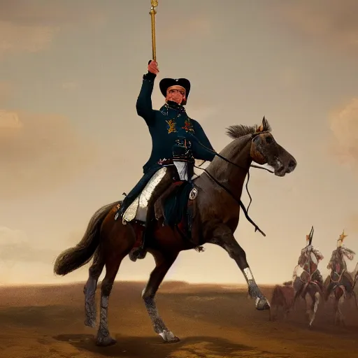 Prompt: selfi stick of napoleon riding his horse in front of his army, highly detailed, photorealistic, trending on artstation, 4 k, 8 k