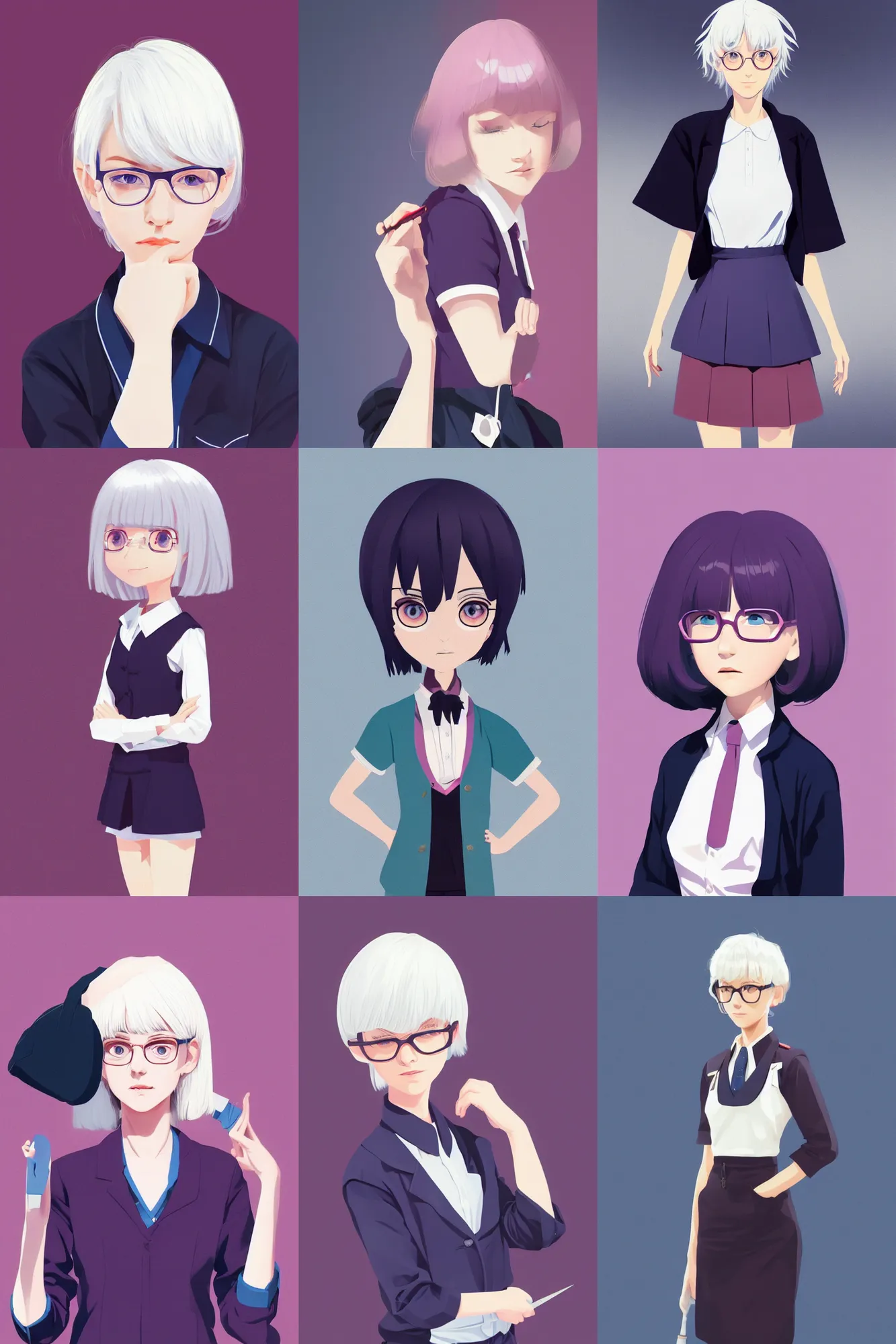 Prompt: a white hair cute girl wearing school uniform, mauve background, dark blue clothes, sharp focus, pure background color, illustration, morandi color scheme, art station, by ilya kuvshinov